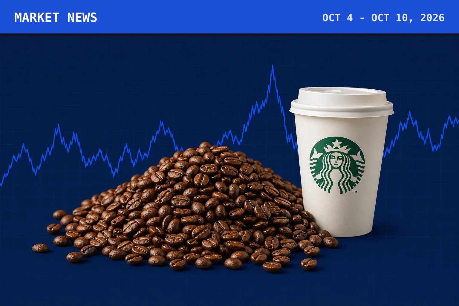 A mound of roasted coffee beans with a Starbucks-marked takeaway cup beside it, set on a stylised market-themed field, under a cobalt Market News banner carrying the week's dates